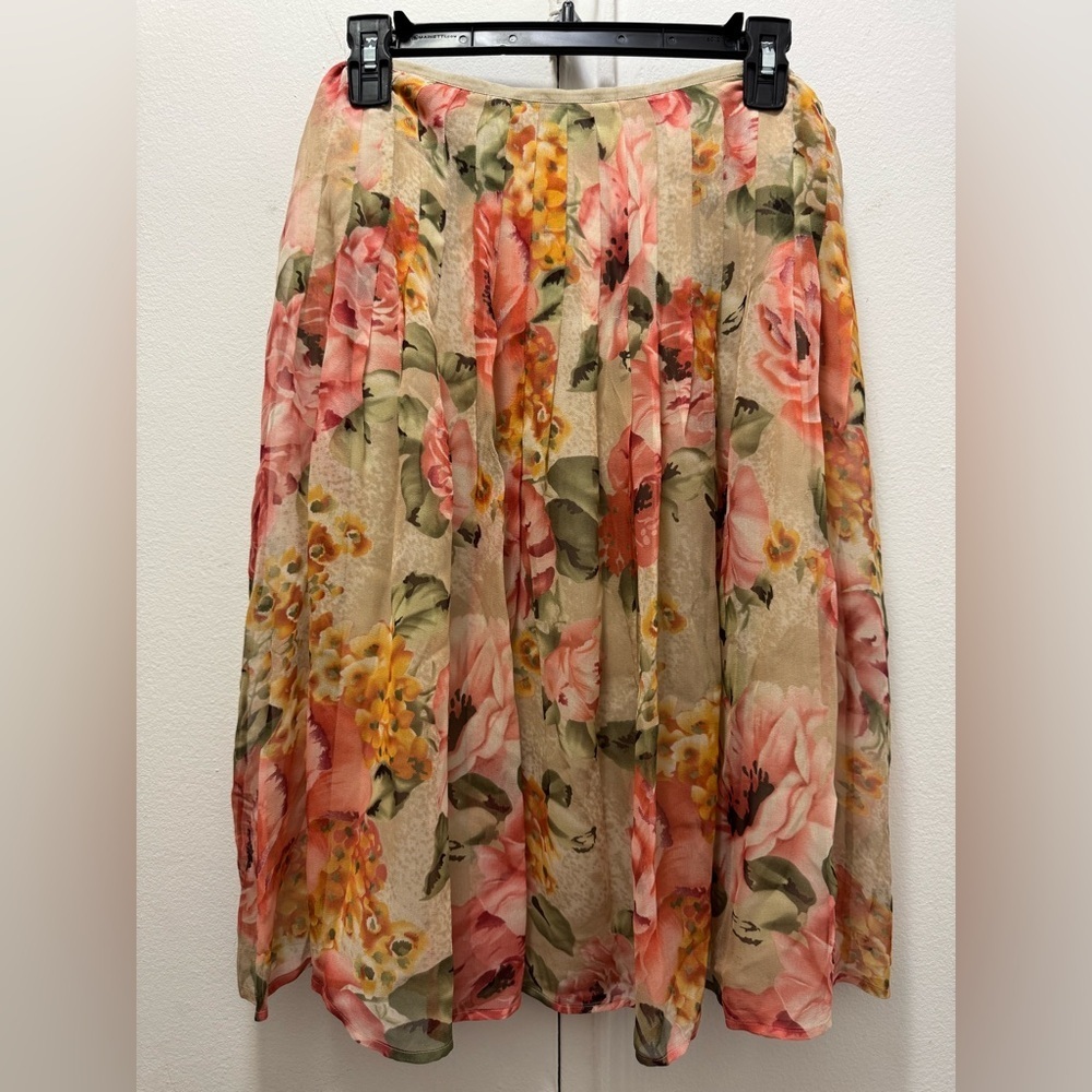 Sunny Leigh vintage Y2K Floral Silk Midi Skirt - Pink & Cream US 6